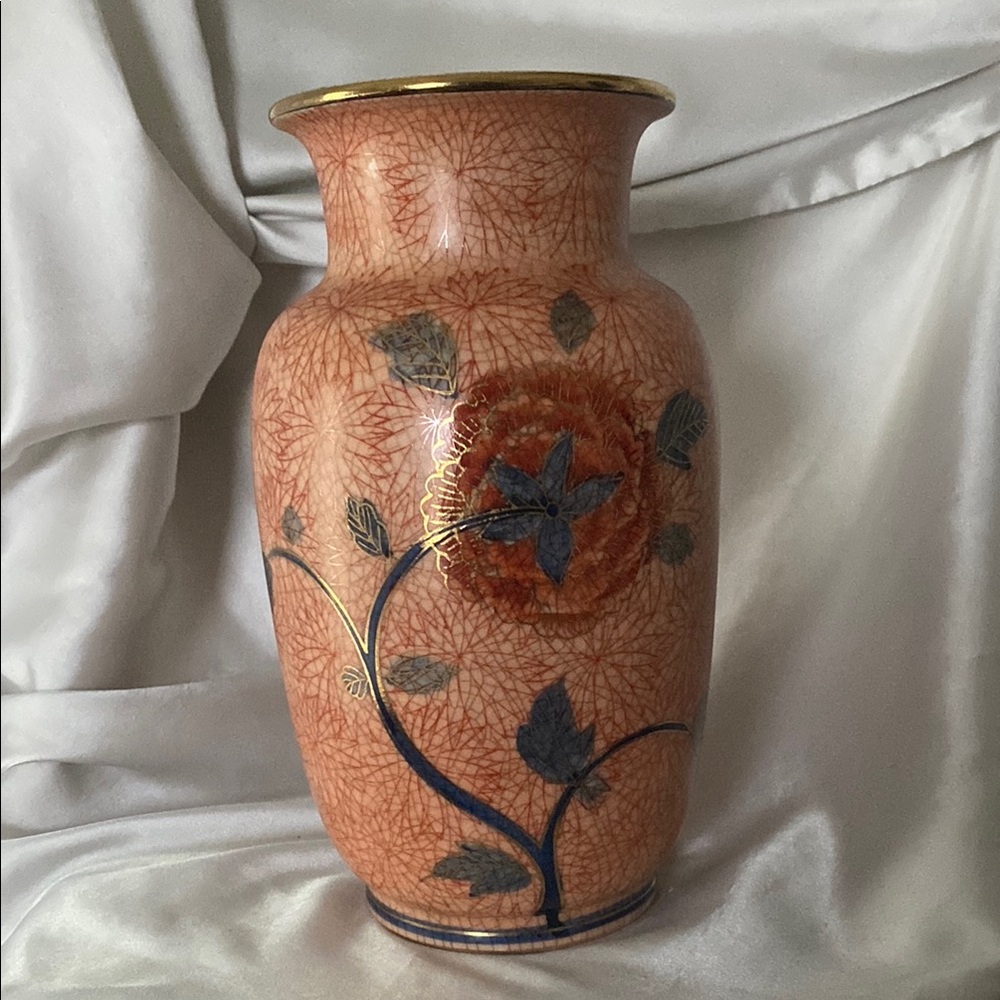 Vintage Asian Style Decorative Crackle Floral Vase  9" x 15”W